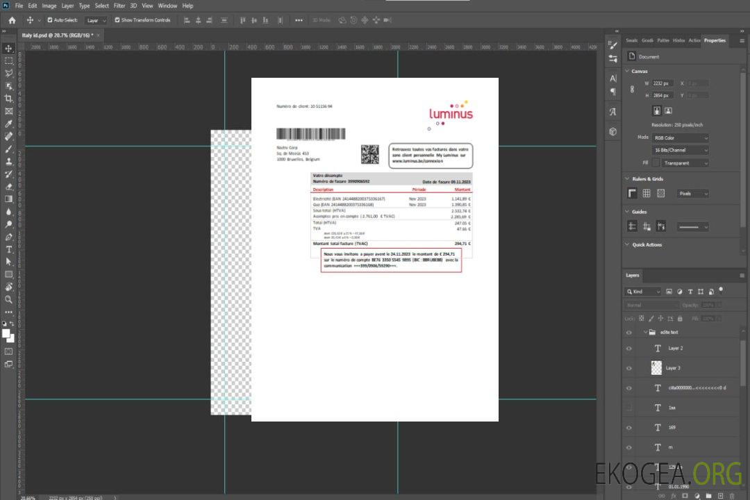 Facture commerciale de service public Luminus, SCR template